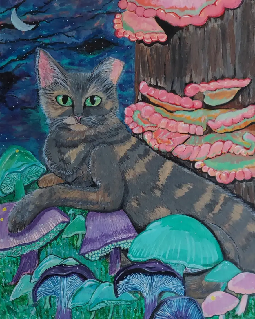 Original painting of a cat among colorful moonlit mushrooms