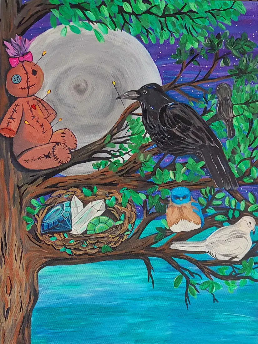 Original painting of a raven, handmade doll, birds and crystals beneath a full moon