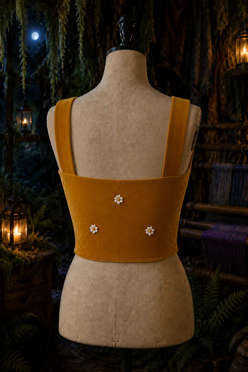 Back view of the Golden Velvet Top with solid velvet straps and three howlite and honey calcite flowers