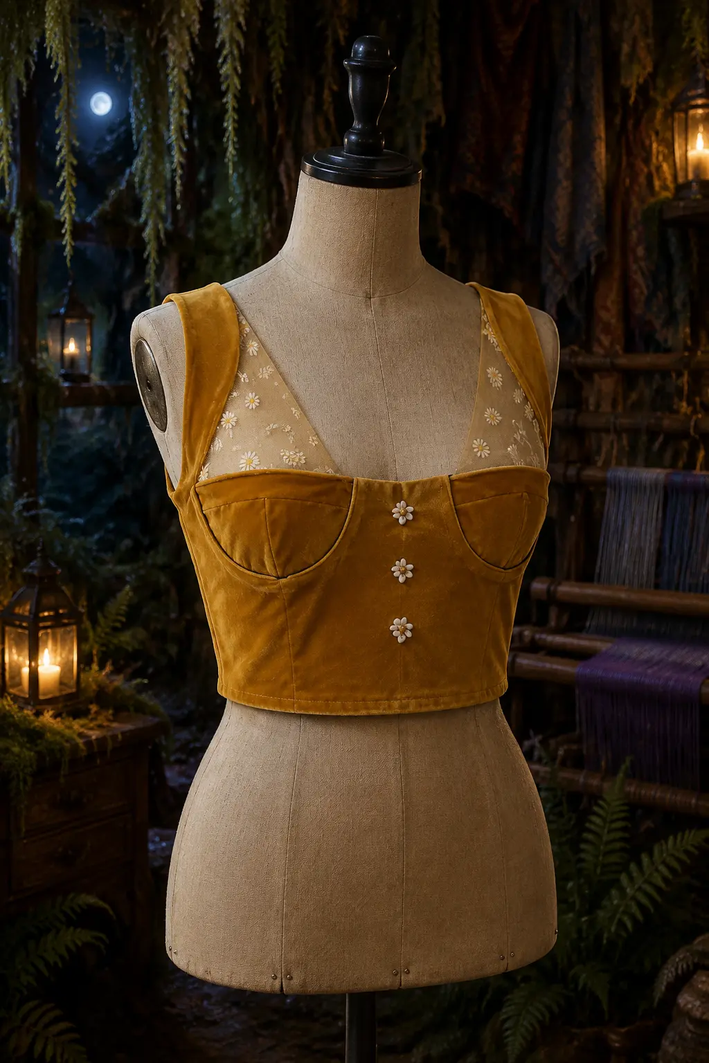 Front view of mustard-gold velvet top with sheer daisy straps on a dress form