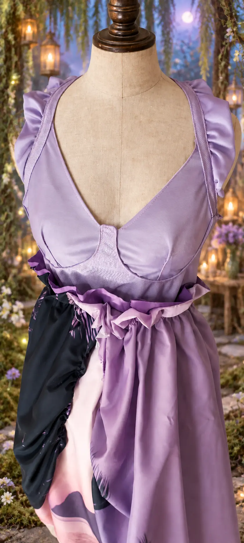 Close view of the Lavender Palm Outfit bodice and ruffled waist in a moonlit woodland atelier