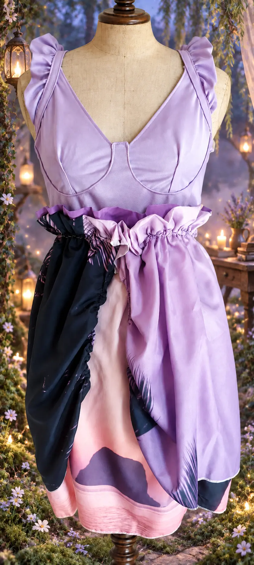 Closer front view of the Lavender Palm Outfit in a moonlit woodland atelier
