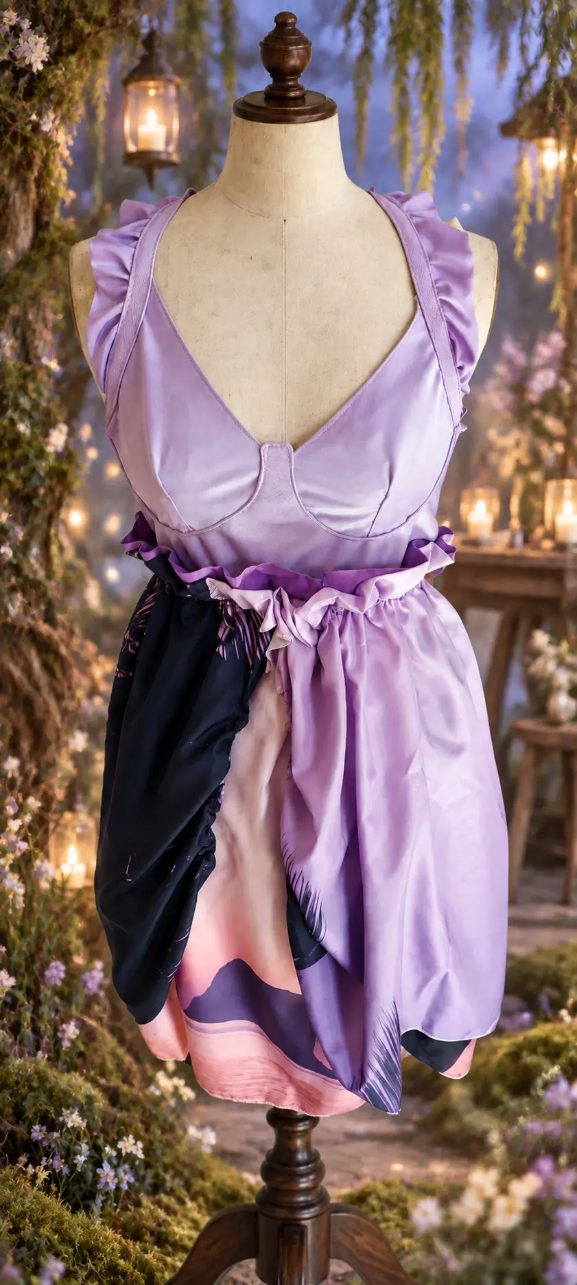 Lavender Palm Outfit displayed on a vintage dress form in a moonlit woodland atelier