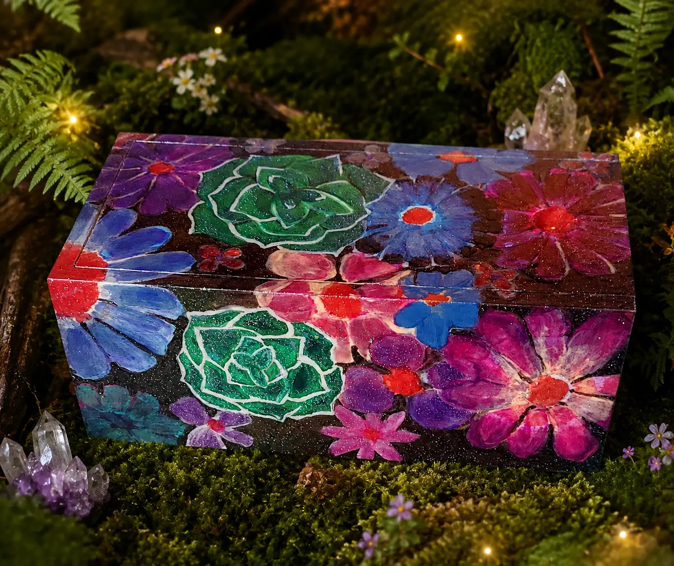 Front view of the Secret Bloom hand-painted floral keepsake box